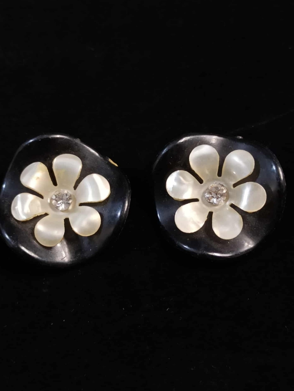 Vintage 1950s Lucite Flower Clip On Earrings Mother of Pearl Petals Rhinestone